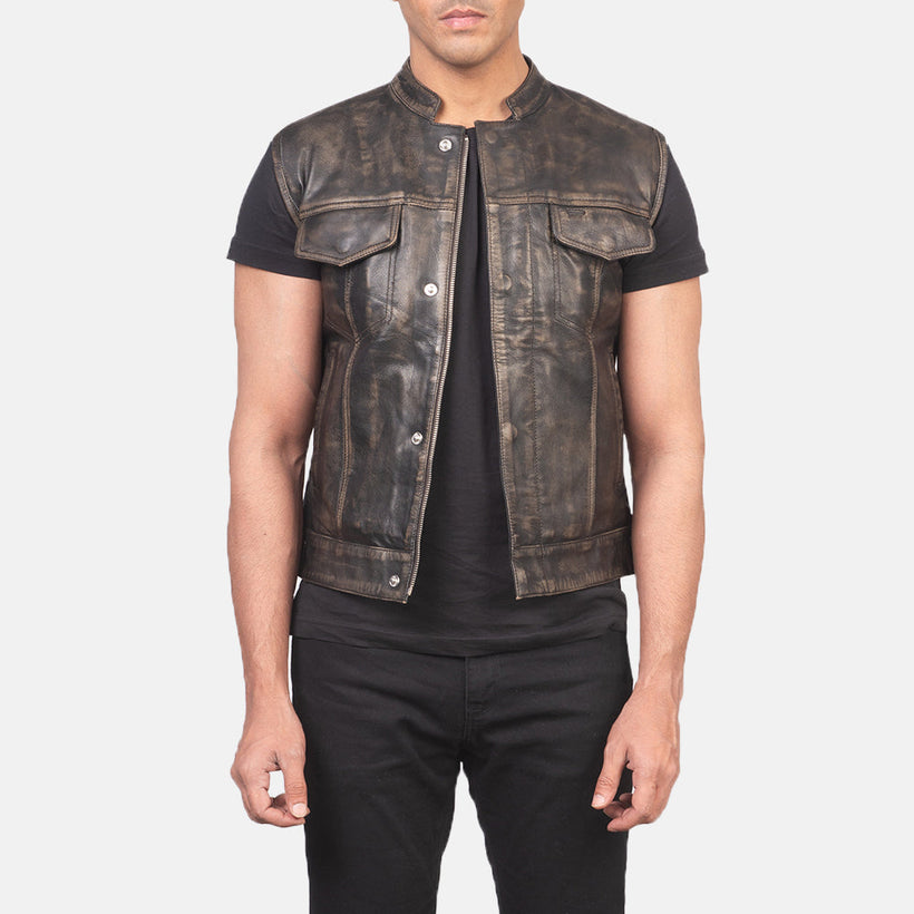 Atlas Moto Distressed Brun Leather Vest för Herr