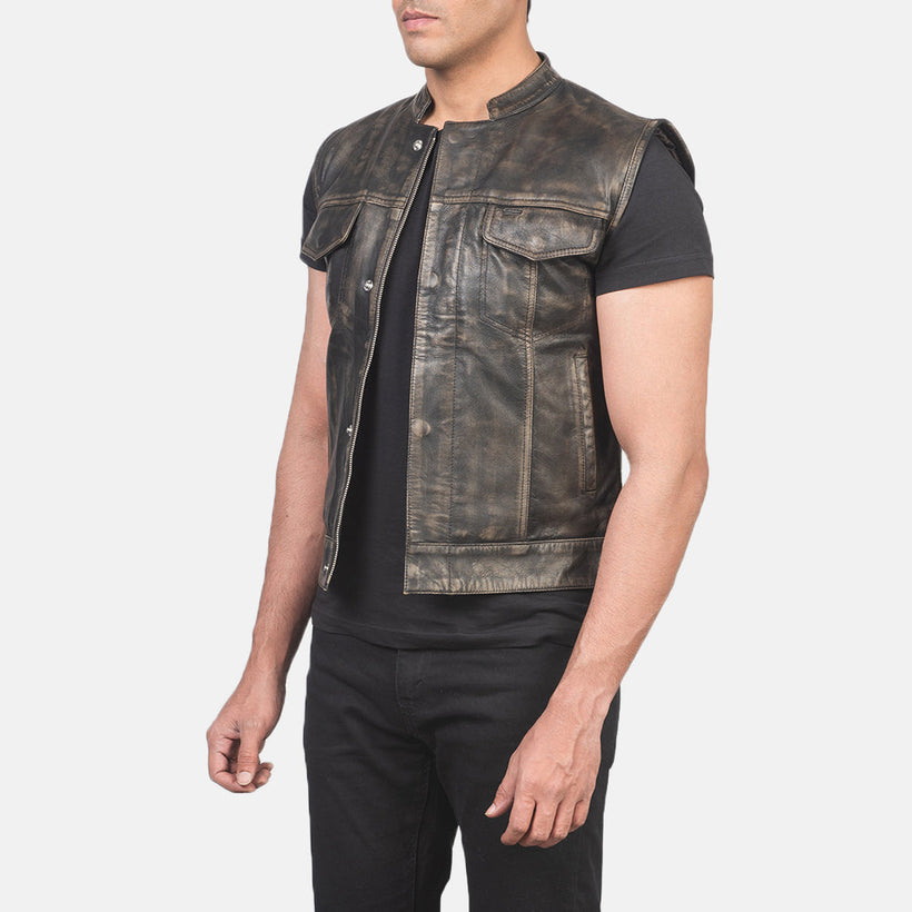 Atlas Moto Distressed Brun Leather Vest för Herr