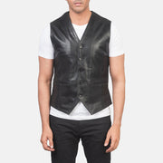 Close-Up Detail of Classic Collar &amp; 5 Button Hardware on Men's Auden Svart Leather Vest för Herr