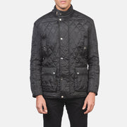 
Närbildsdetalj of Belted Band & Button Hardware on Barry Quiltad Svart Windbreaker Läderjacka för Herr