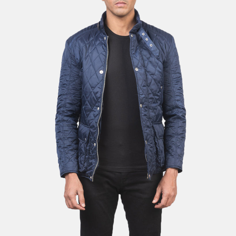 Barry Quiltad Blå Windbreaker Läderjacka för Herr