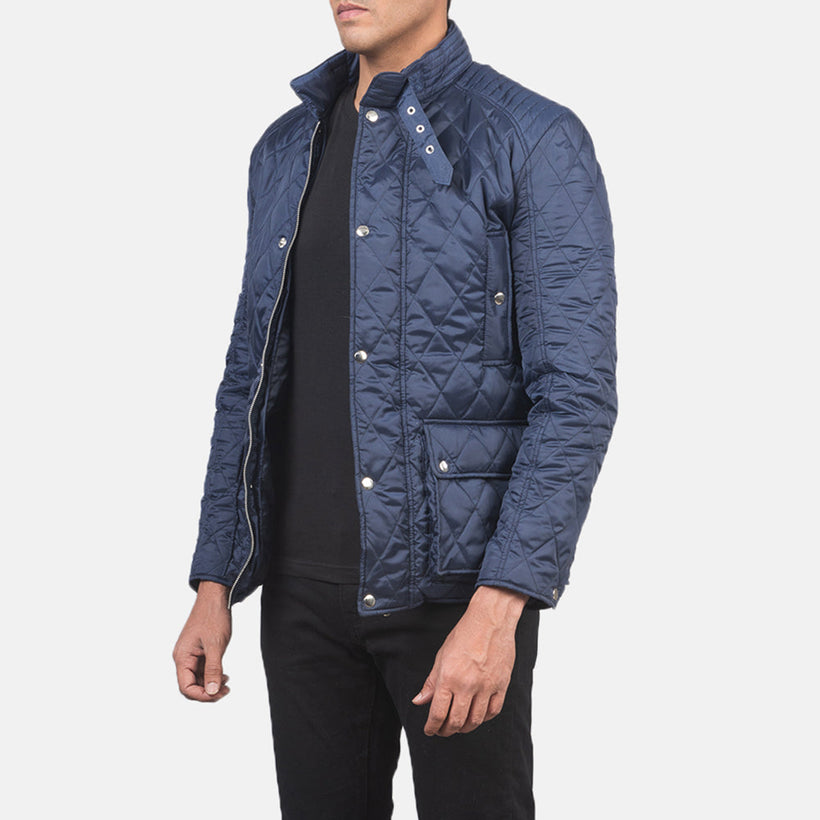 Barry Quiltad Blå Windbreaker Läderjacka för Herr