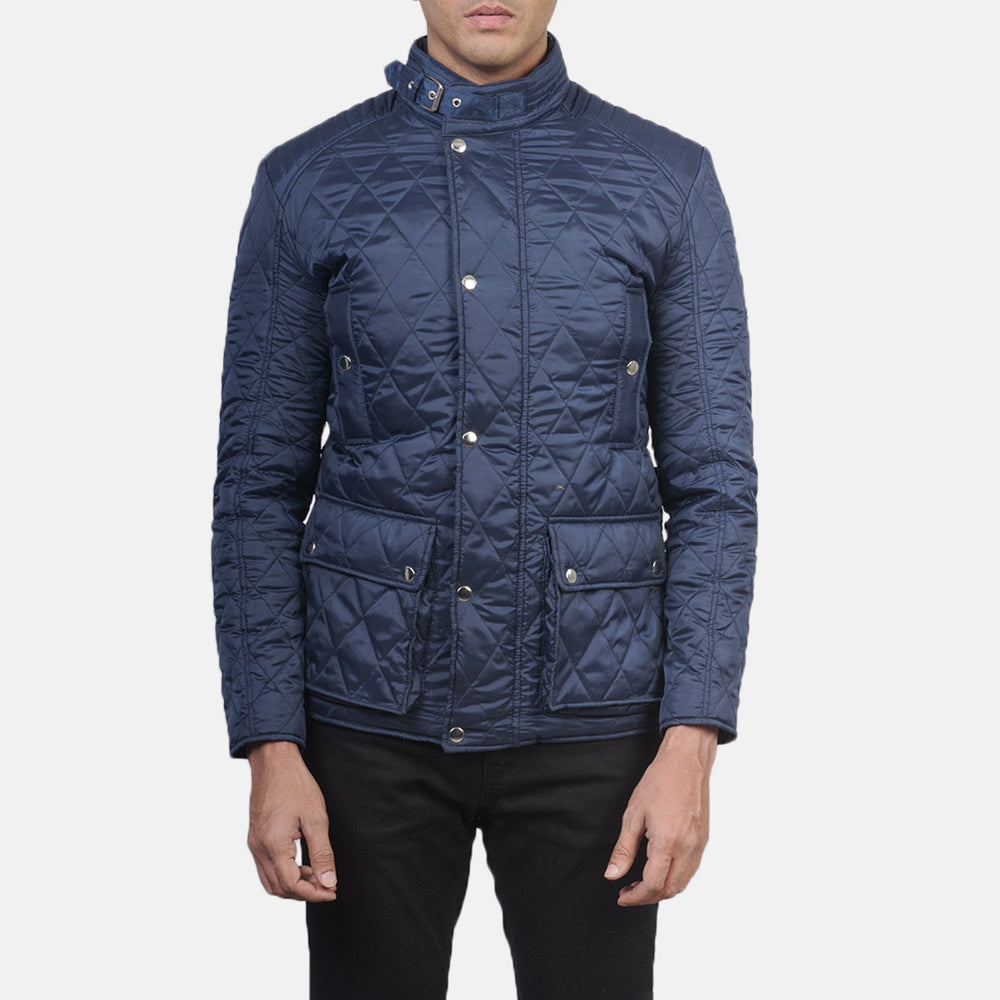 Men's Barry Quilted Blue Windbreaker Läderjacka för Herr - Lateral Side Profile View Showing Sleeve Cut &amp; Athletic Taper Fit