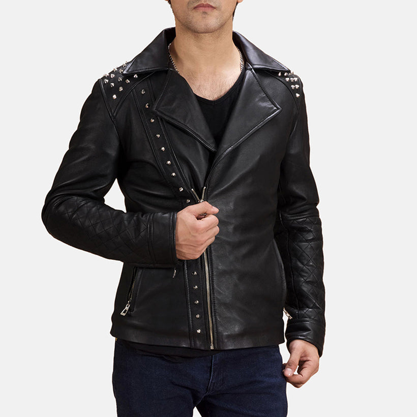 Svart Studded Bikerjacka i Läder för Herr