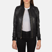 Women's Bliss Svart Bomberjacka i Läder för Dam in Black Sheepskin Leather - Front Profile View &amp; Tailored Silhouette | Buy Online