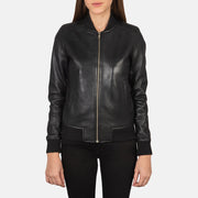 Close-Up Detail of Varsity - Rib Knit &amp; Zipper with Wind Flap Hardware on Women's Bliss Svart Bomberjacka i Läder för Dam