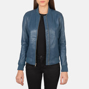 Women's Bliss Blue Bomberjacka i Läder för Dam in Blue Sheepskin Leather - Front Profile View &amp; Tailored Silhouette | Buy Online