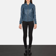Women's Bliss Blue Bomberjacka i Läder för Dam - Lateral Side Profile View Showing Sleeve Cut &amp; Athletic Taper Fit