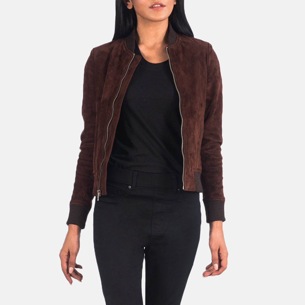 Women's Bliss Brun Suede Bomberjacka i Läder för Dam in Brown Goatskin Suede - Front Profile View &amp; Tailored Silhouette | Buy Online