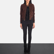 Women's Bliss Brun Suede Bomberjacka i Läder för Dam - Lateral Side Profile View Showing Sleeve Cut &amp; Athletic Taper Fit