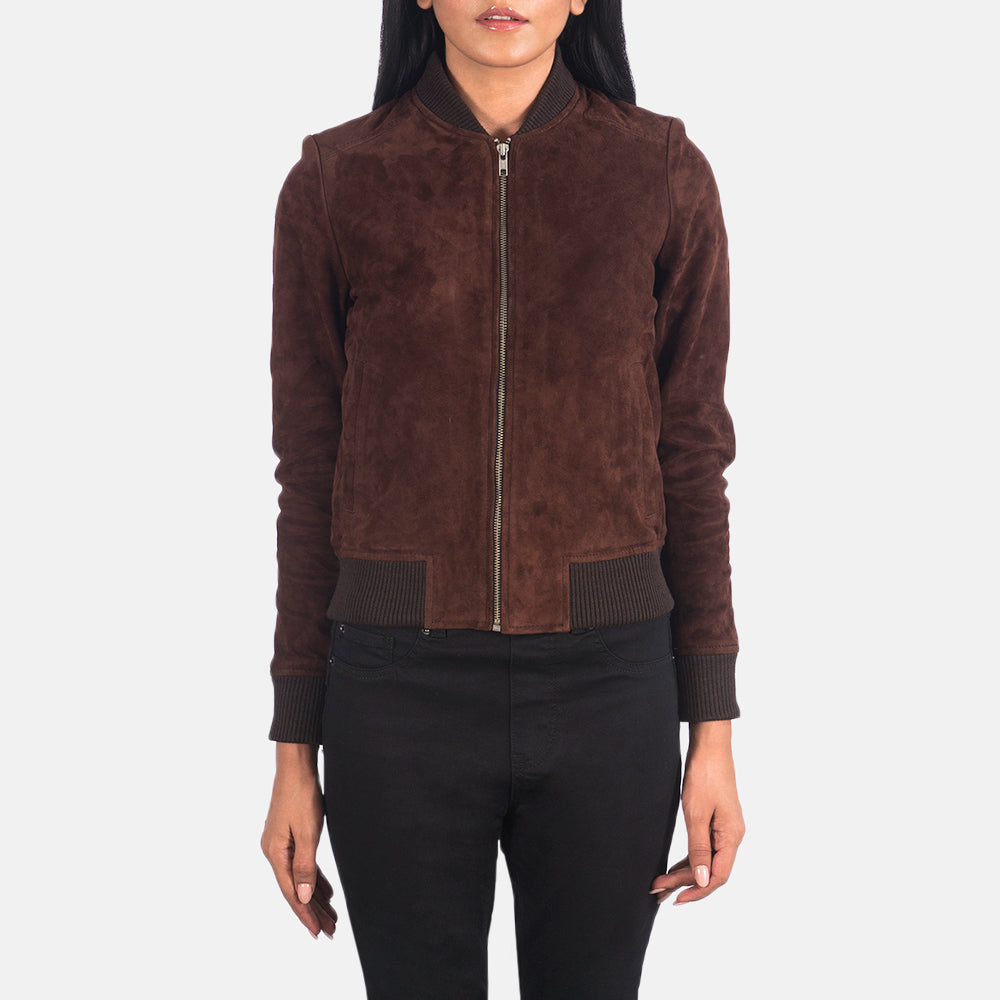 Close-Up Detail of Varsity - Rib Knit &amp; Zipper with Wind Flap Hardware on Women's Bliss Brun Suede Bomberjacka i Läder för Dam