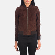 Close-Up Detail of Varsity - Rib Knit &amp; Zipper with Wind Flap Hardware on Women's Bliss Brun Suede Bomberjacka i Läder för Dam