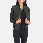 Women's Bliss Green Suede Bomberjacka i Läder för Dam in Green Goatskin Suede - Front Profile View &amp; Tailored Silhouette | Buy Online