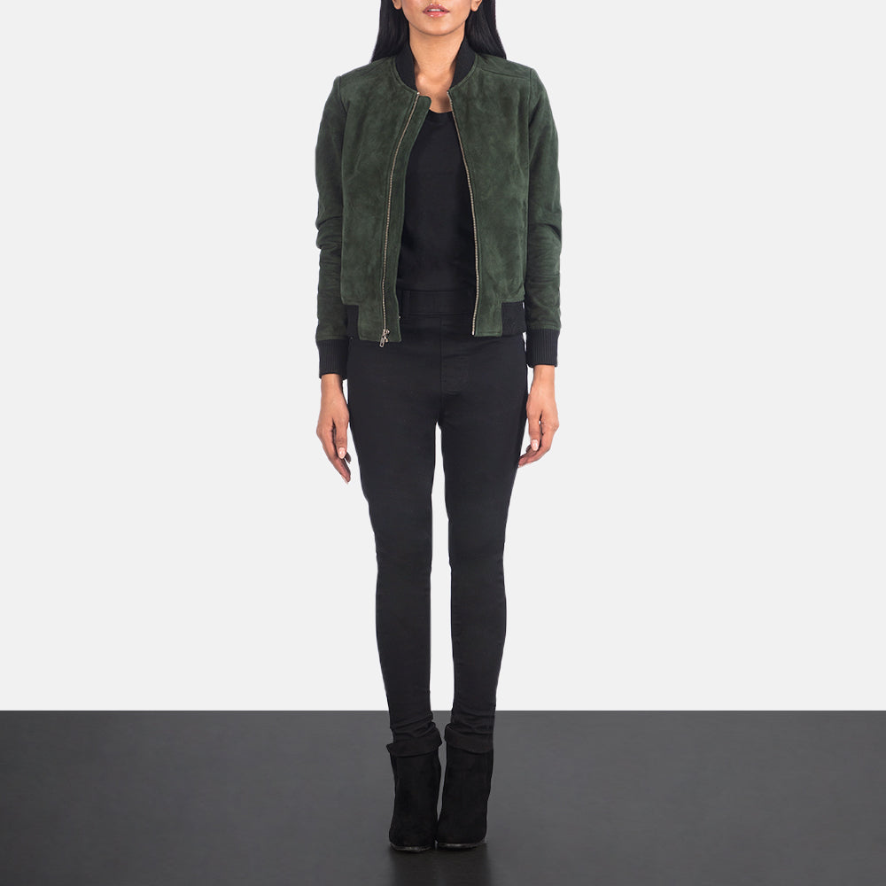 Women's Bliss Green Suede Bomberjacka i Läder för Dam - Lateral Side Profile View Showing Sleeve Cut &amp; Athletic Taper Fit