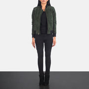 Women's Bliss Green Suede Bomberjacka i Läder för Dam - Lateral Side Profile View Showing Sleeve Cut &amp; Athletic Taper Fit