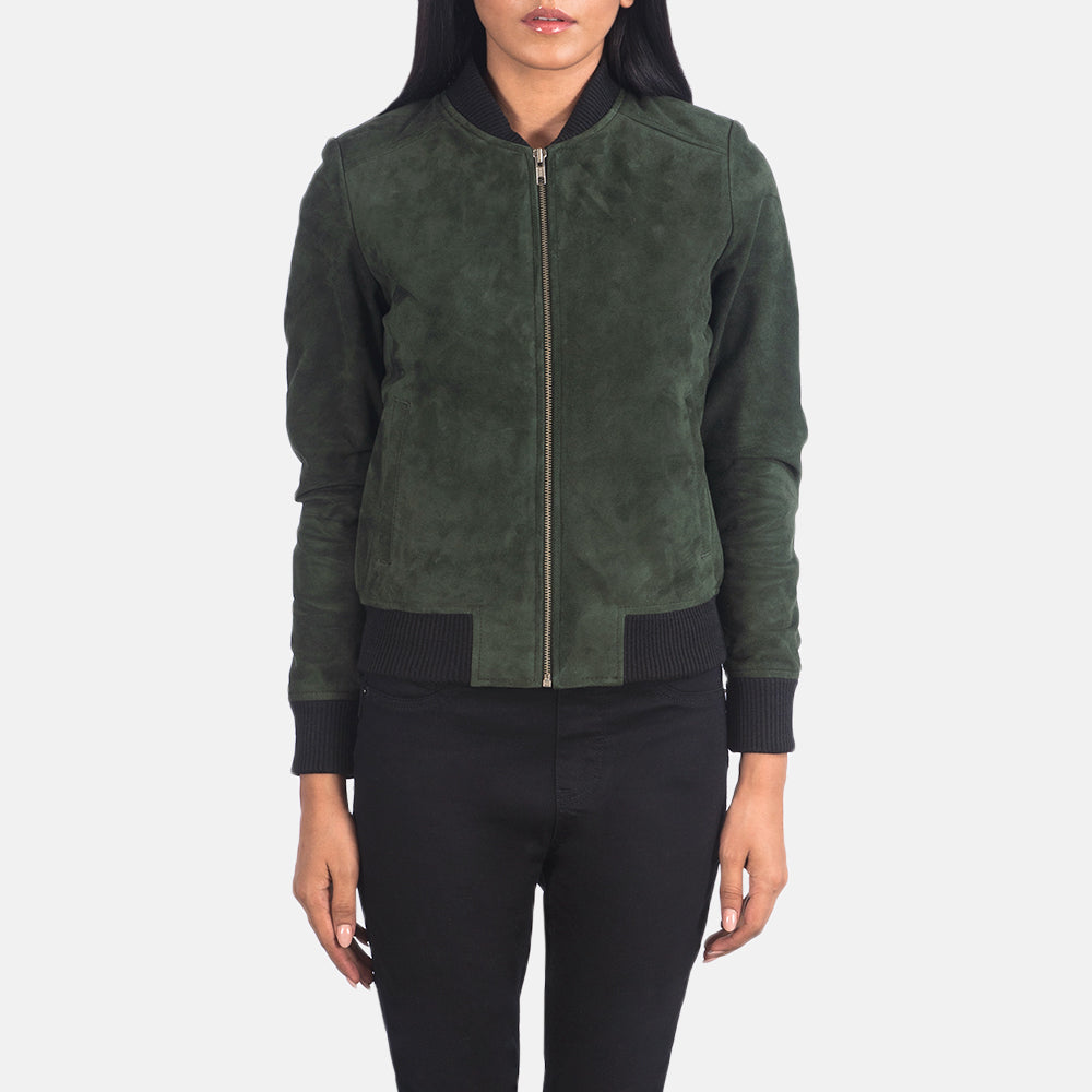 Close-Up Detail of Varsity - Rib Knit &amp; Zipper with Wind Flap Hardware on Women's Bliss Green Suede Bomberjacka i Läder för Dam