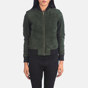 Close-Up Detail of Varsity - Rib Knit &amp; Zipper with Wind Flap Hardware on Women's Bliss Green Suede Bomberjacka i Läder för Dam