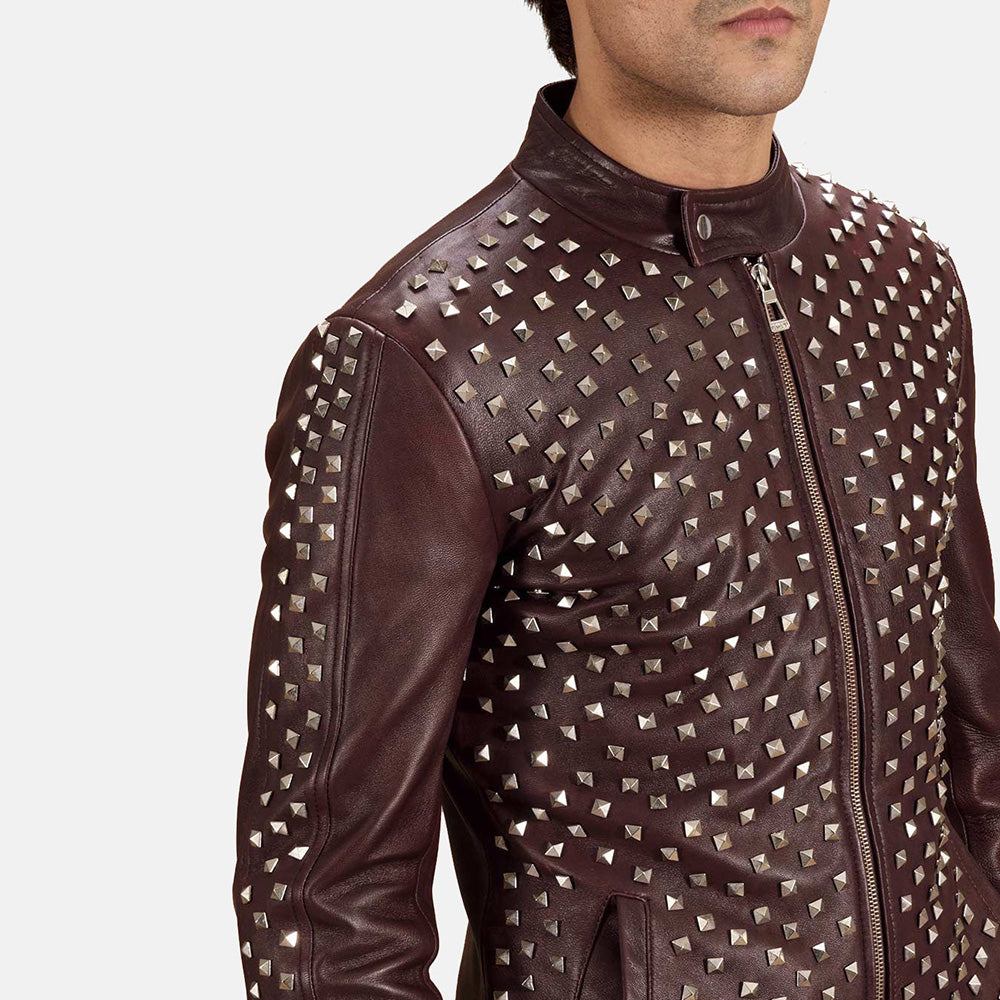 Close-Up Detail of Band with snap button &amp; Zipper Hardware on Blix Bono Maroon Bikerjacka i Läder för Herr