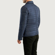 Close-Up Detail of High neck &amp; Button Hardware on Men's Bo Quilt Windbreaker Läderjacka för Herr