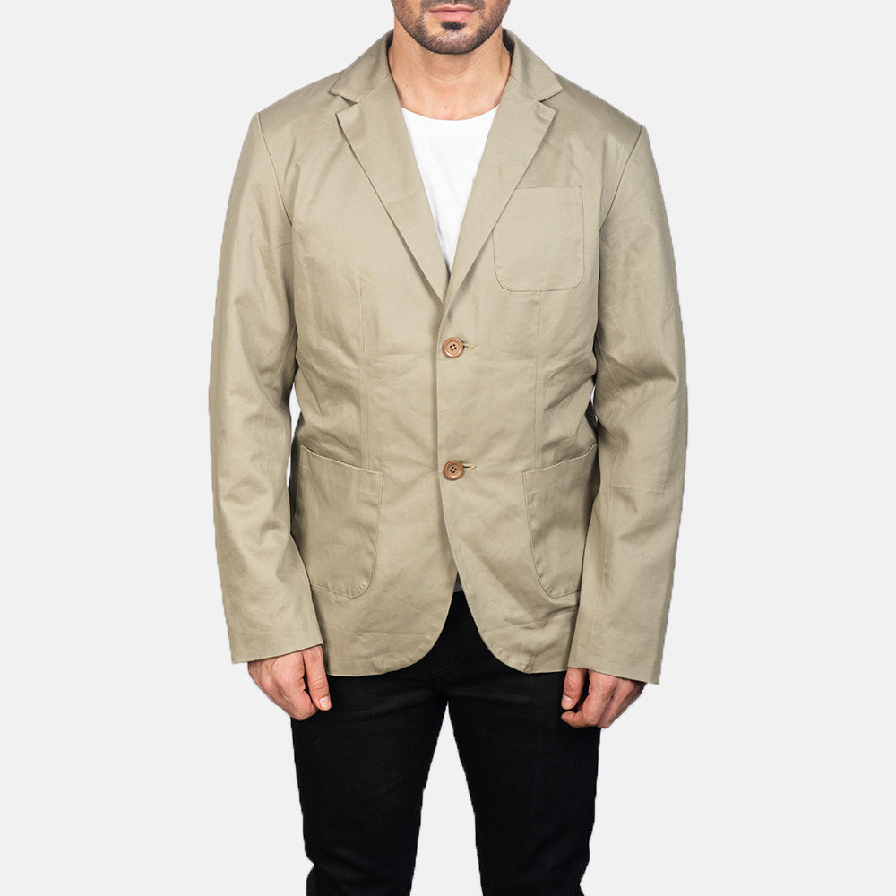 Close-Up Detail of Notch &amp; Button Hardware on Borges Beige Blazer för Herr