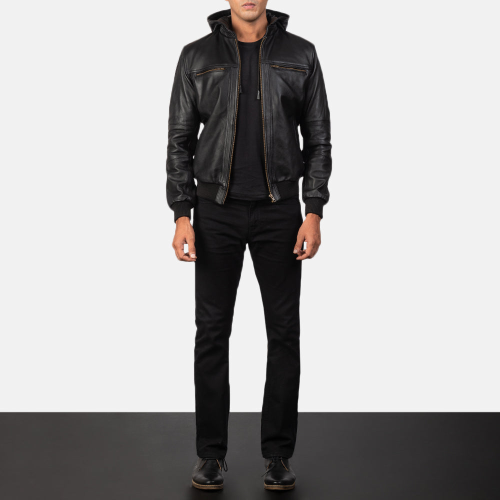 
Närbildsdetalj of Band & Zipper Hardware on Bouncer Biz Black Leather Hooded Bomber Jacket