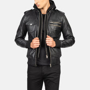 Bravado Black Hooded Leather Bomber Jacket in Black Sheepskin Leather - Front Profile View &amp; Tailored Silhouette | Buy Online