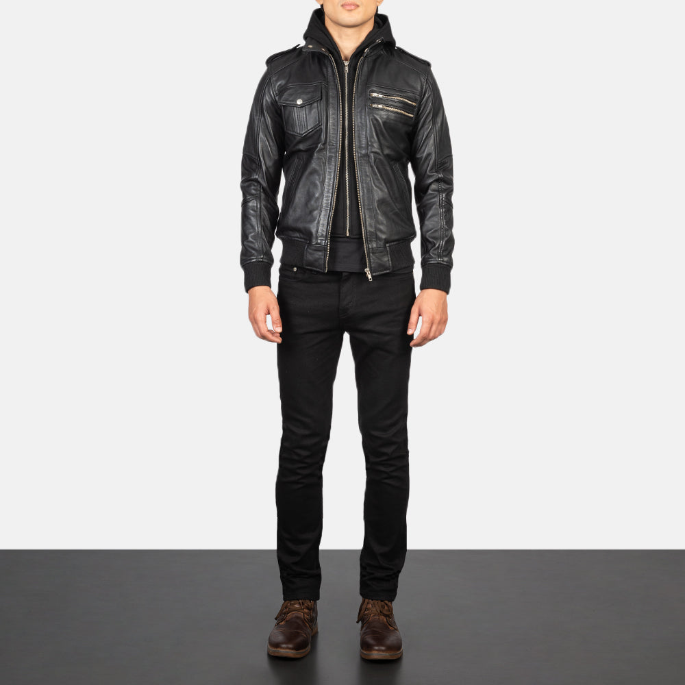 Bravado Black Hooded Leather Bomber Jacket - Lateral Side Profile View Showing Sleeve Cut &amp; Athletic Taper Fit