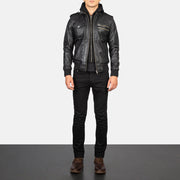 Bravado Black Hooded Leather Bomber Jacket - Lateral Side Profile View Showing Sleeve Cut &amp; Athletic Taper Fit