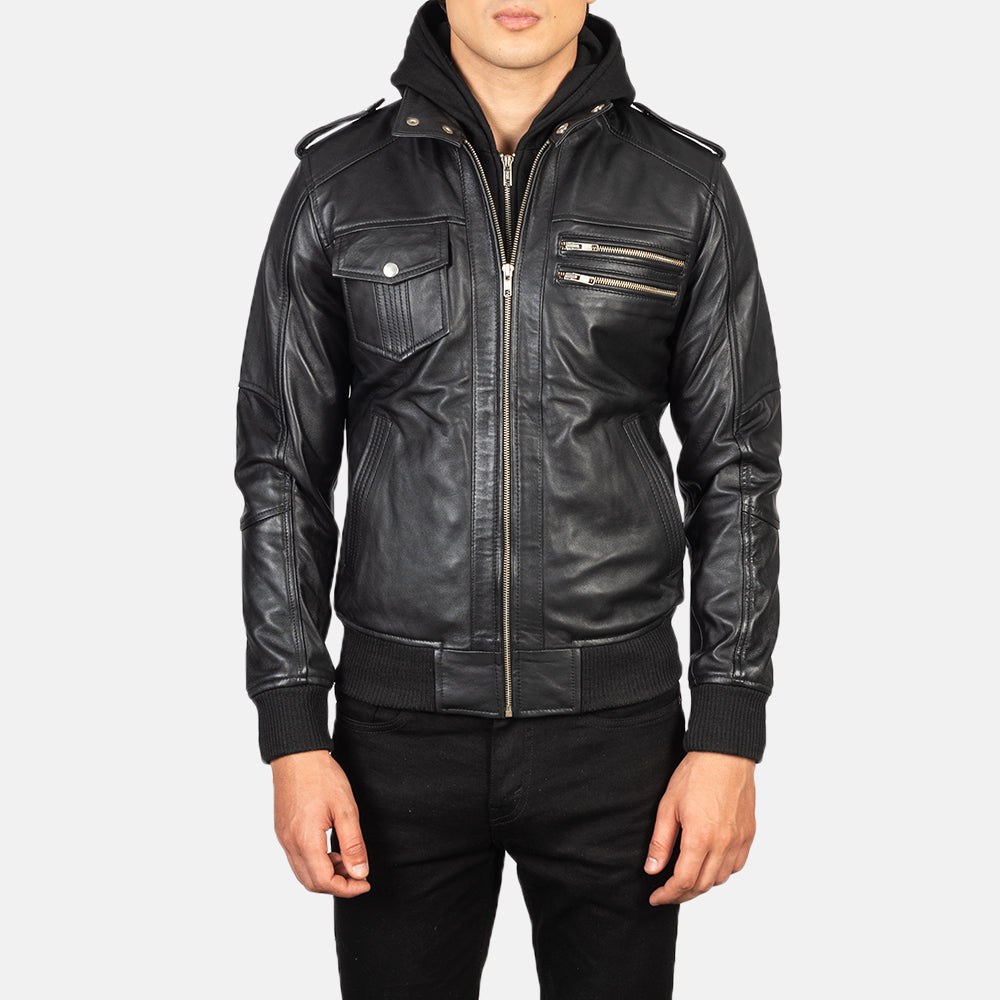 Close-Up Detail of High Neck &amp; Zipper Hardware on Bravado Black Hooded Leather Bomber Jacket