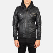 Close-Up Detail of High Neck &amp; Zipper Hardware on Bravado Black Hooded Leather Bomber Jacket
