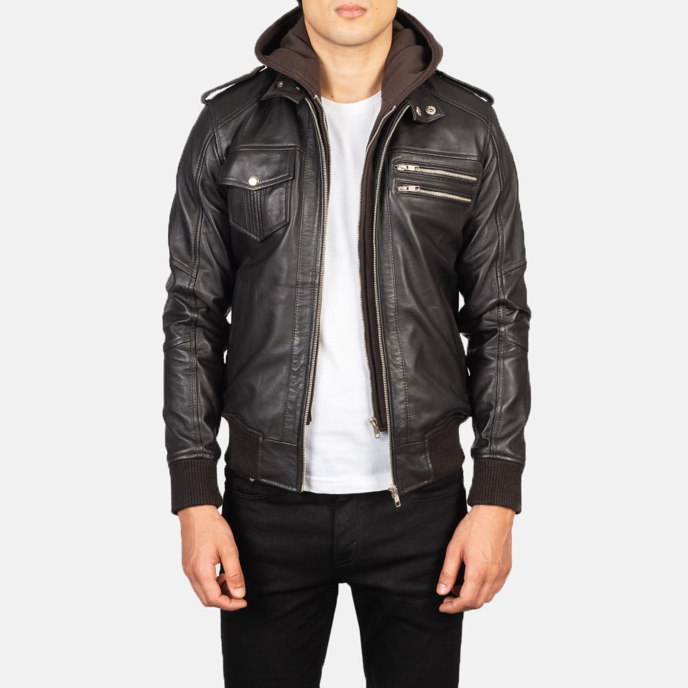 Rib Knit &amp; Hem Craftsmanship Construction Detail on Bravado Black Hooded Leather Bomber Jacket