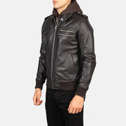 Styled Fit Perspective of Bravado Black Hooded Leather Bomber Jacket on Model - Natural Daylight Drape