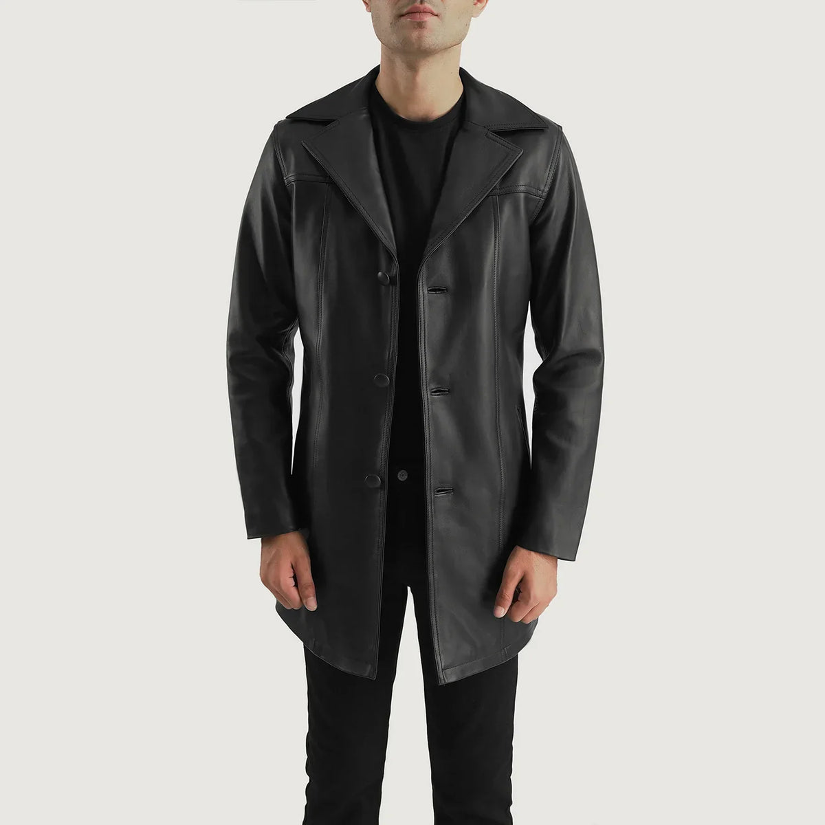 Brawnton Svart Leather Coat för Herr in Black Cowhide Leather - Front Profile View &amp; Tailored Silhouette | Buy Online