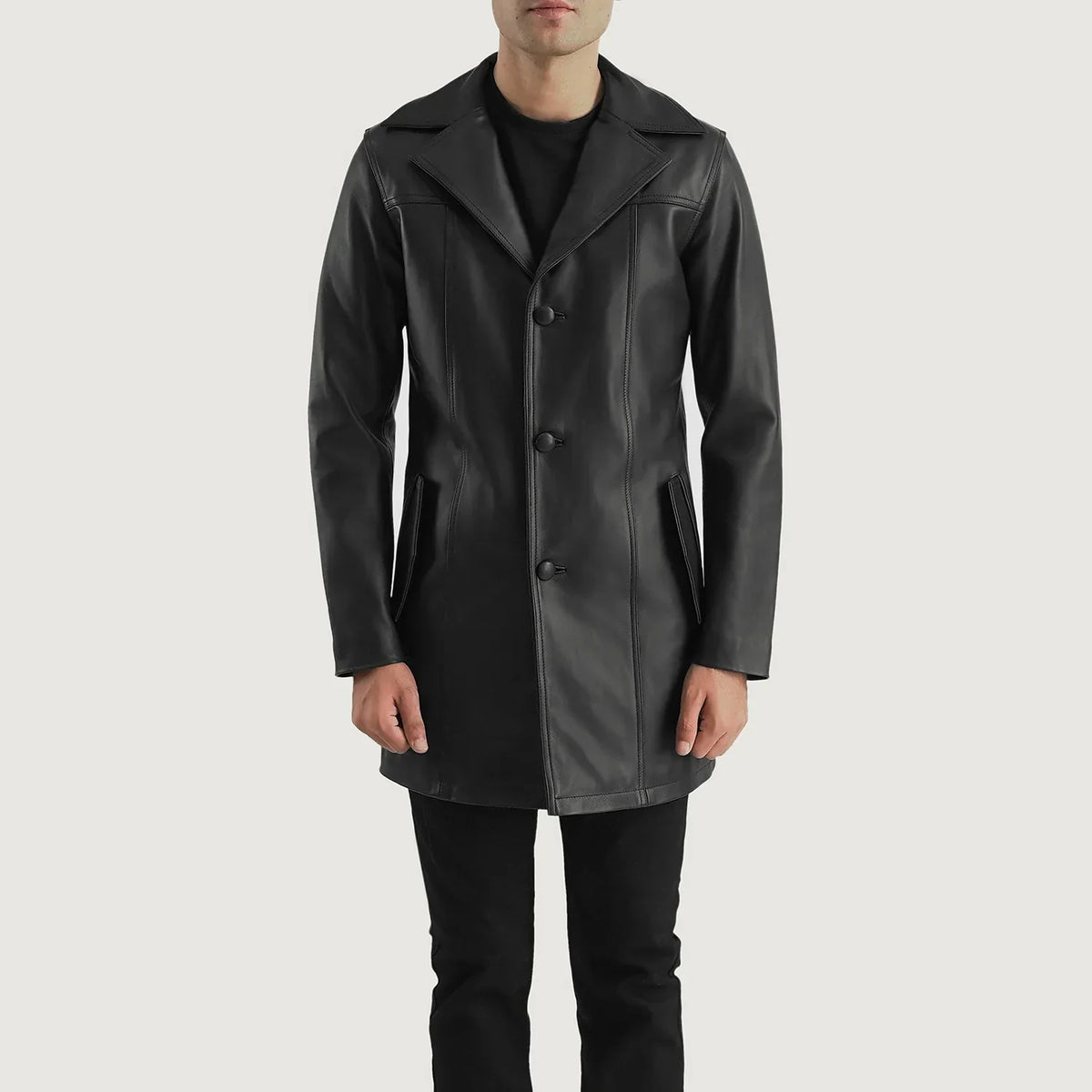 Close-Up Detail of Notch &amp; Button Hardware on Brawnton Svart Leather Coat för Herr