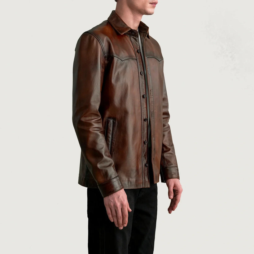 Bronco Distressed Brun Leather Shirt för Herr