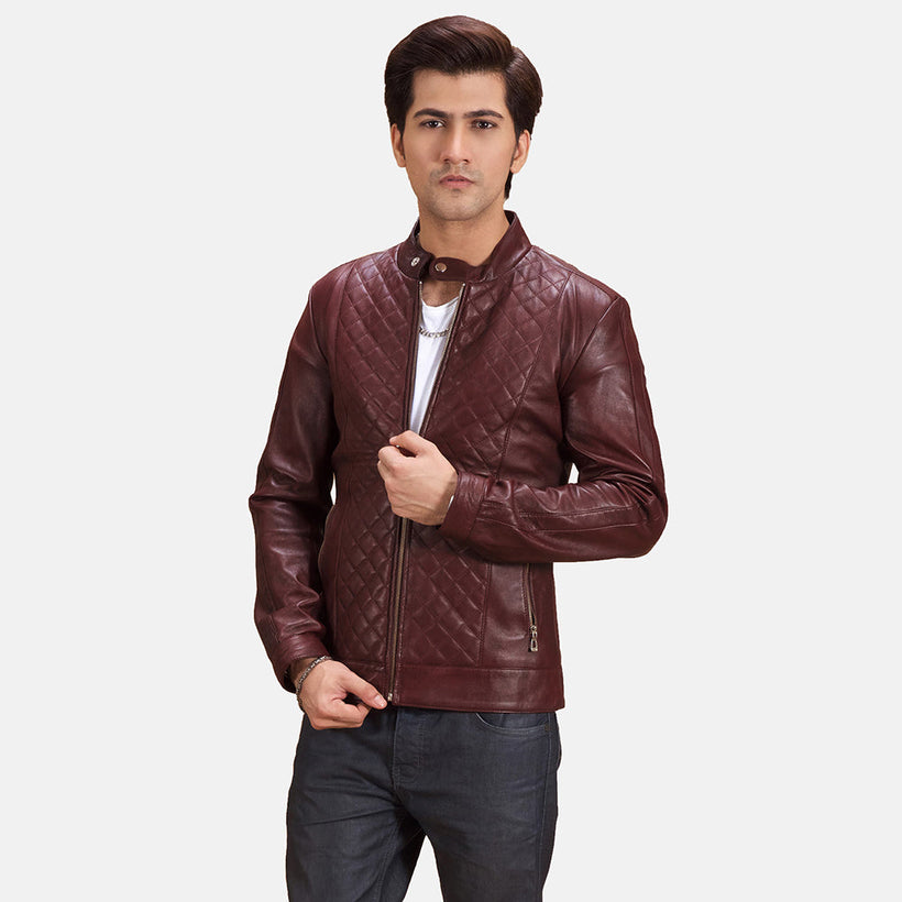 Burgunn Dee Maroon Bikerjacka i Läder för Herr