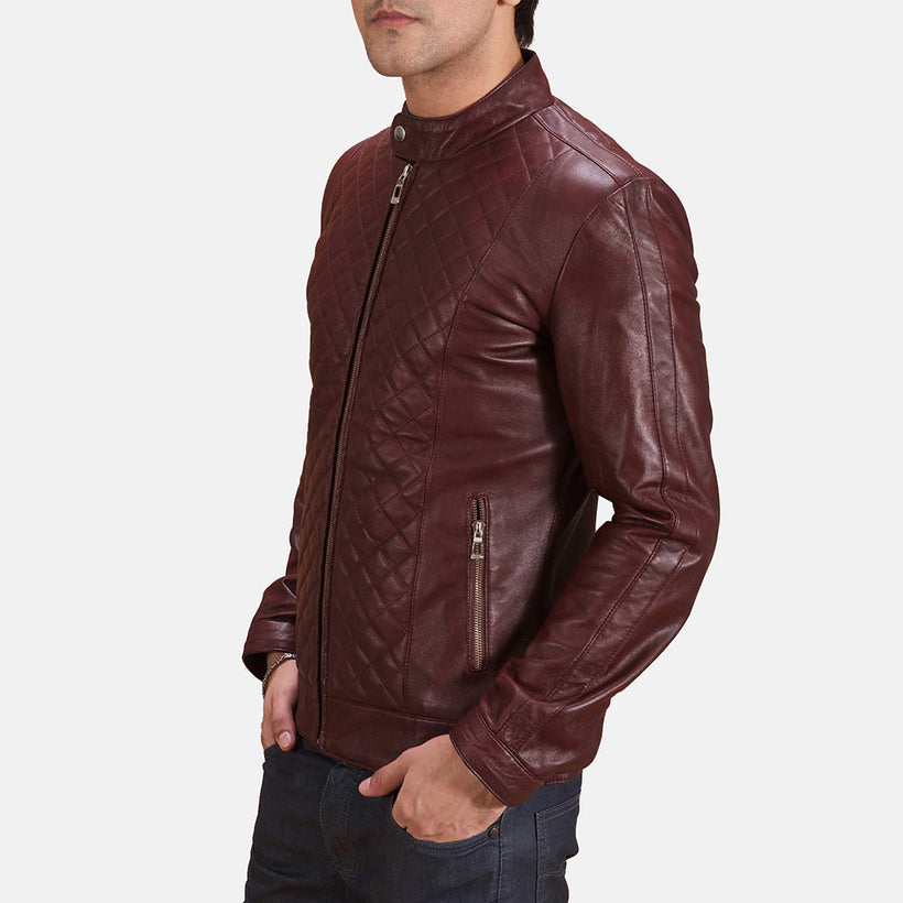 Burgunn Dee Maroon Bikerjacka i Läder för Herr
