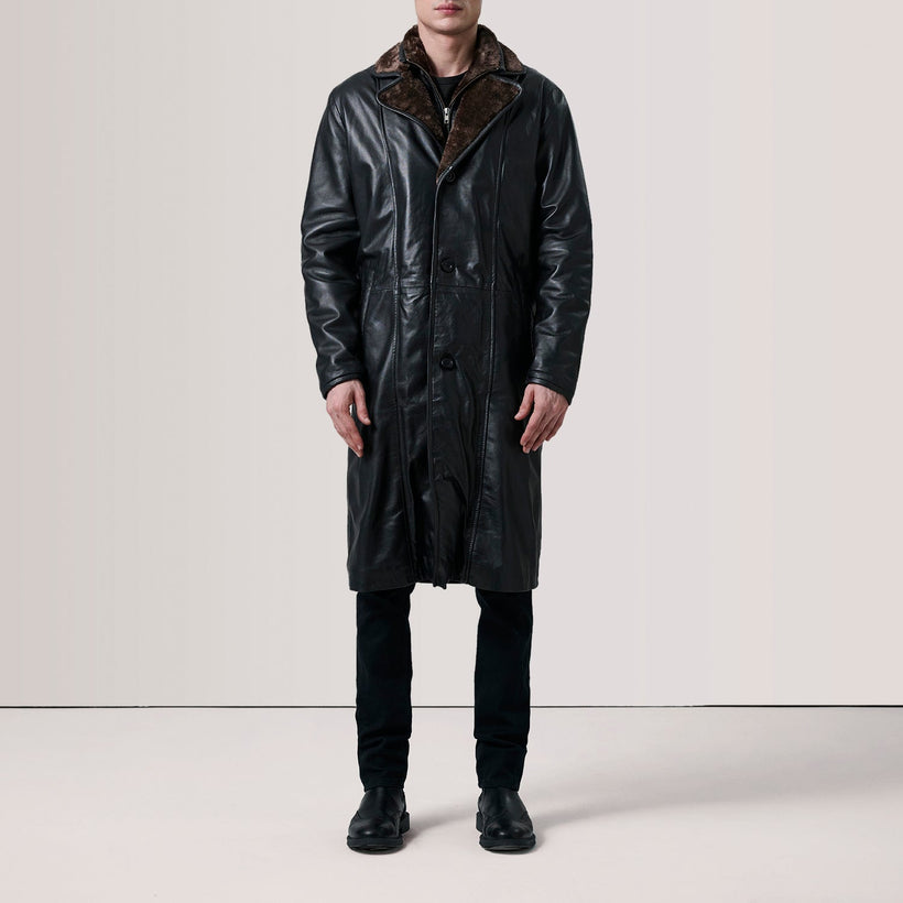 Cai Svart Leather Shearling Coat för Herr