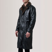 Cai Svart Leather Shearling Coat för Herr For Men - Lateral Side Profile View Showing Sleeve Cut &amp; Athletic Taper Fit