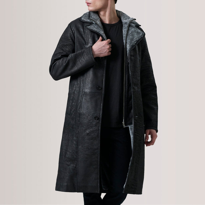 Cai Distressed Svart Leather Shearling Coat för Herr