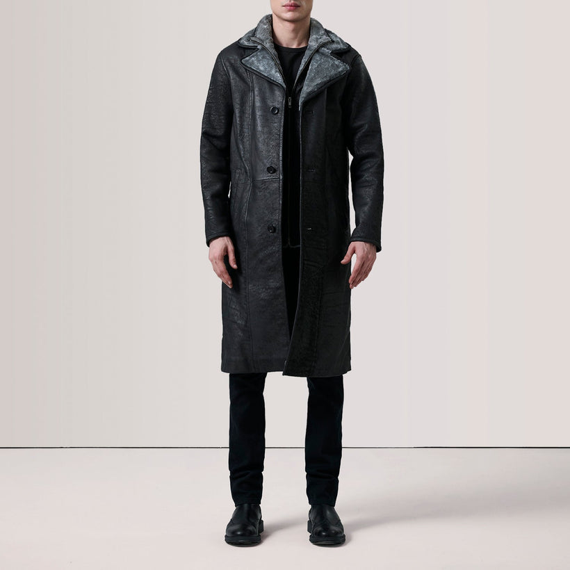 Cai Distressed Svart Leather Shearling Coat för Herr