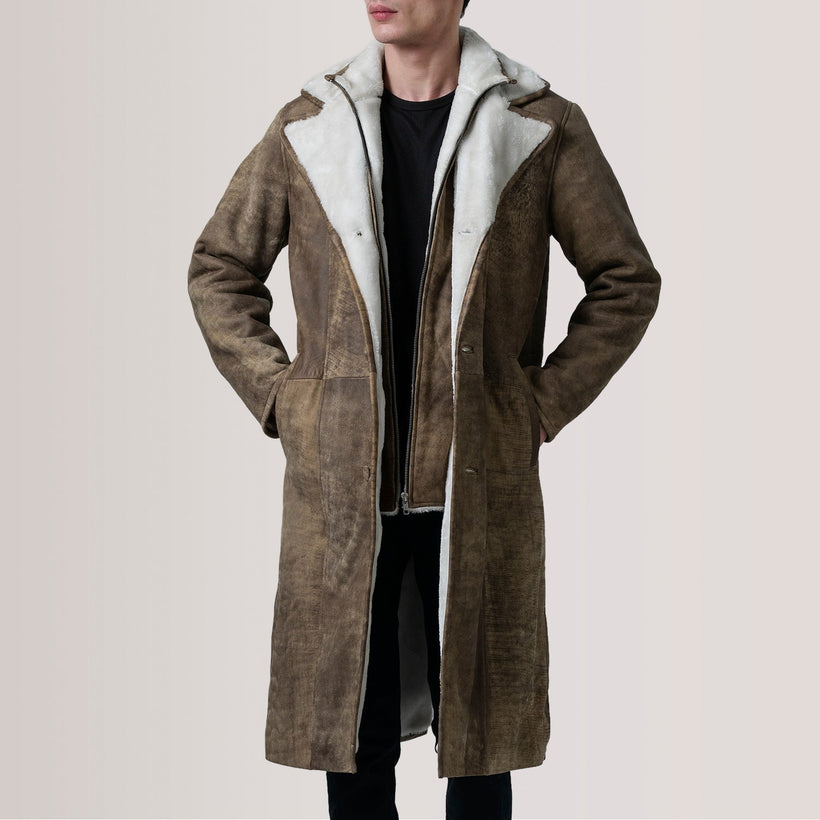 Cai Distressed Brun Leather Shearling Coat för Herr