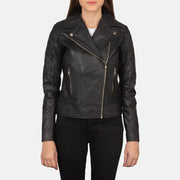 
Närbildsdetalj of Notch & Zipper Hardware on Carolyn Quilted Black Biker Jacket