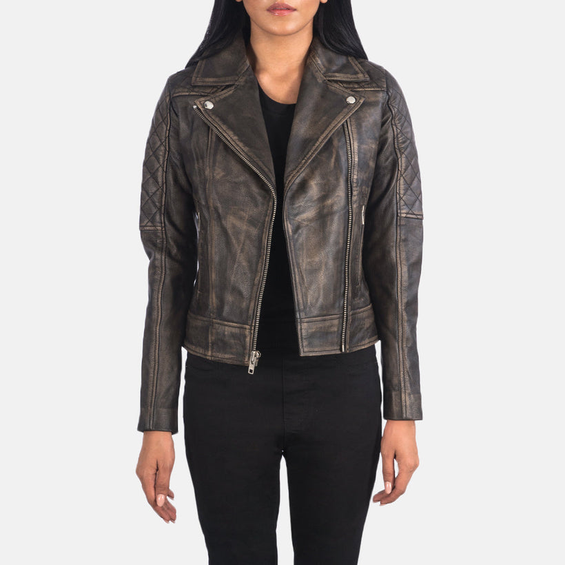 Carolyn Quilted Distressed Brun Bikerjacka i Läder för Dam