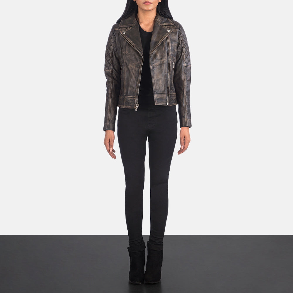 
Carolyn Quilted Distressed Brown Biker Jacket - Sidoprofil som visar ärmskärning
