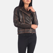 
Närbildsdetalj of Notch & Zipper Hardware on Carolyn Quilted Vintage Brown Biker Jacket