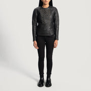 Close-Up Detail of Classic Collar &amp; Snap Button Hardware on Women's Celeste Studded Svart Läderjacka för Dam