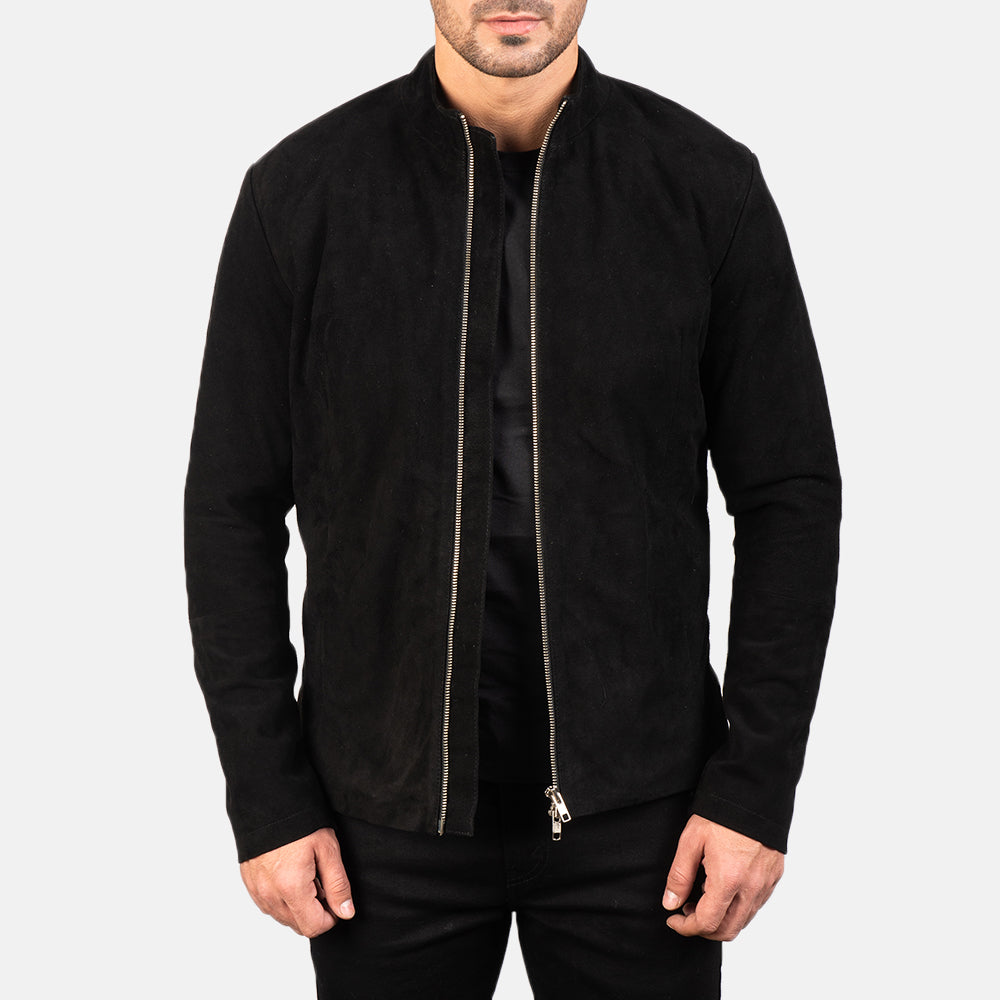 Men's Charcoal Svart Suede Bikerjacka i Läder för Herr in Black Goatskin Suede - Front Profile View &amp; Tailored Silhouette | Buy Online