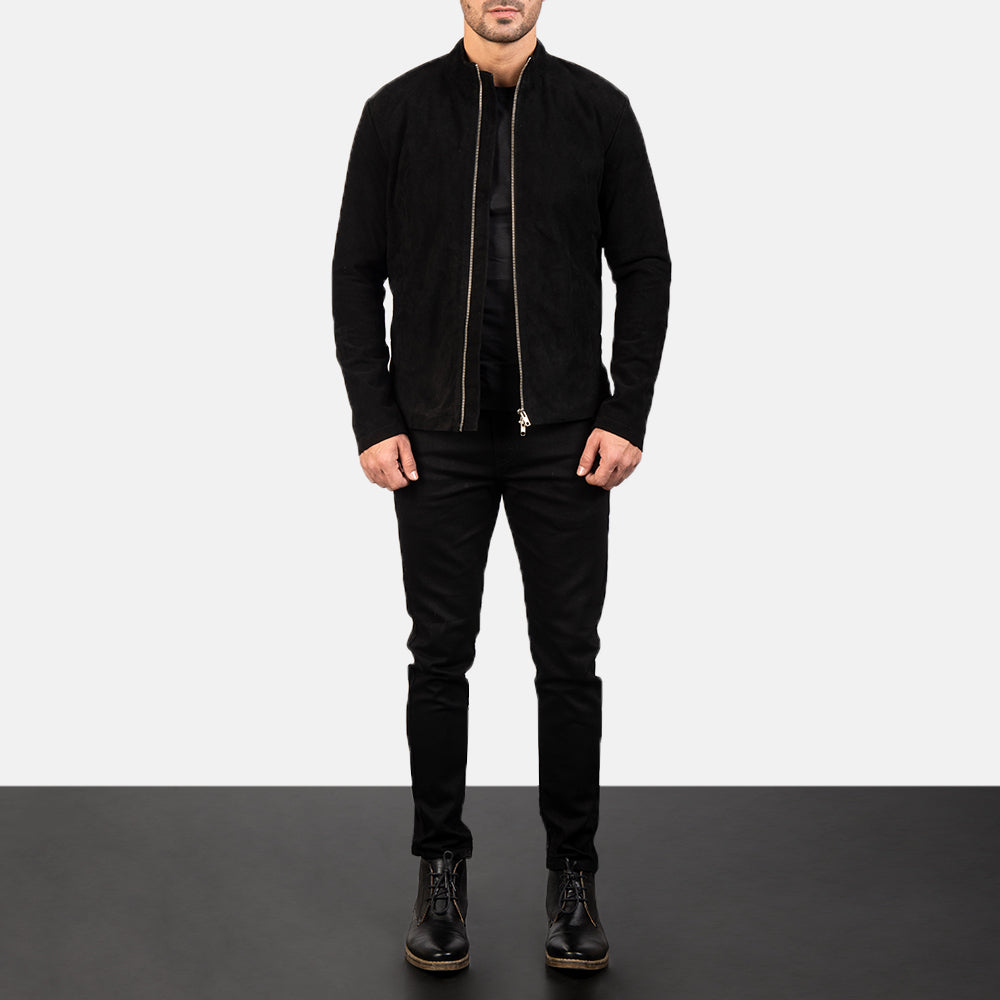 Men's Charcoal Svart Suede Bikerjacka i Läder för Herr - Lateral Side Profile View Showing Sleeve Cut &amp; Athletic Taper Fit