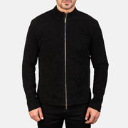 Close-Up Detail of Mandarin &amp; Zipper with Dual Puller Hardware on Men's Charcoal Svart Suede Bikerjacka i Läder för Herr